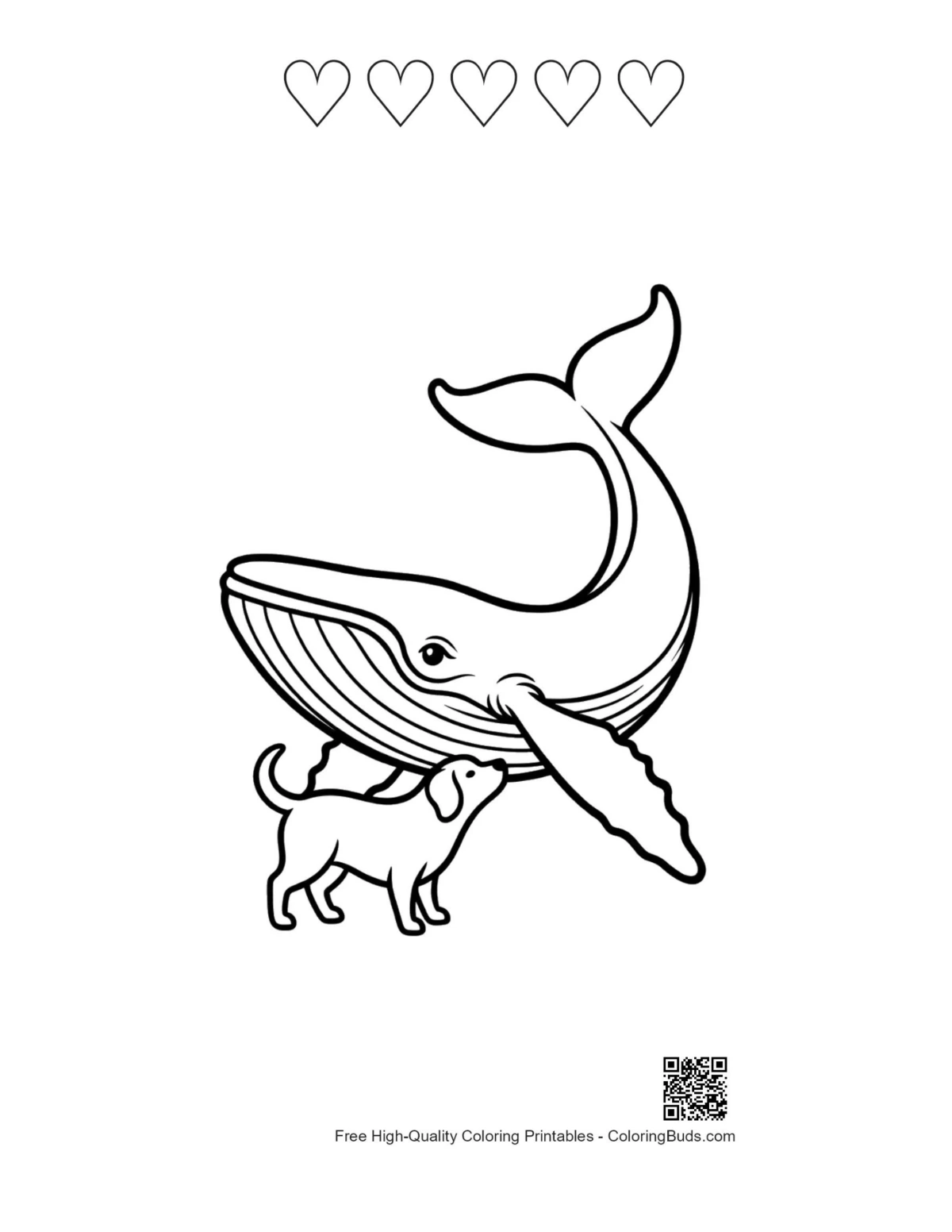 Blue whale puppy friendship printable with 5 hearts