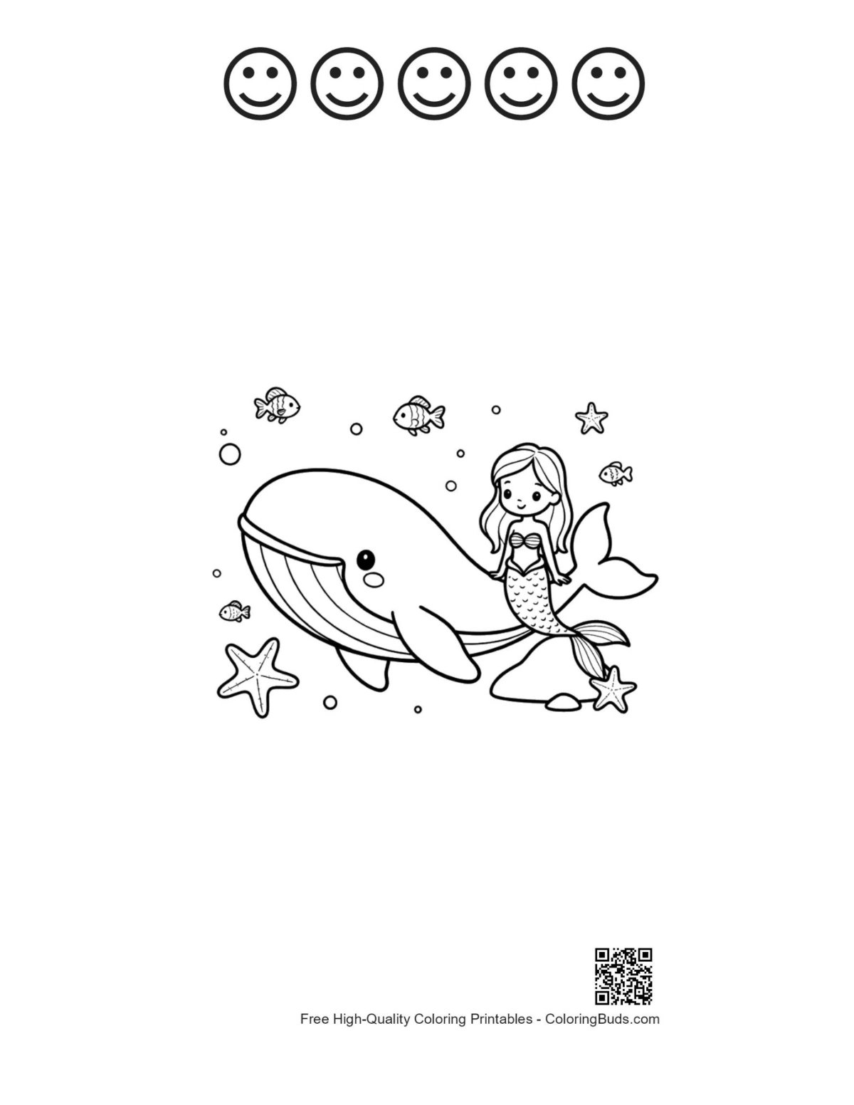 Blue whale printable with 5 happy faces