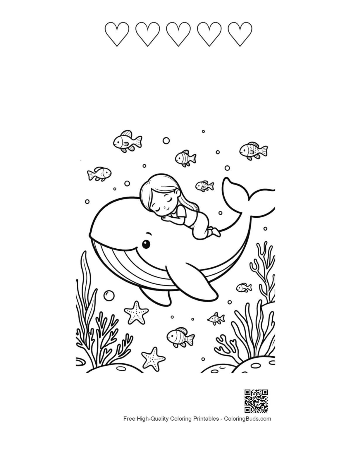 Blue whale printable with 5 hearts