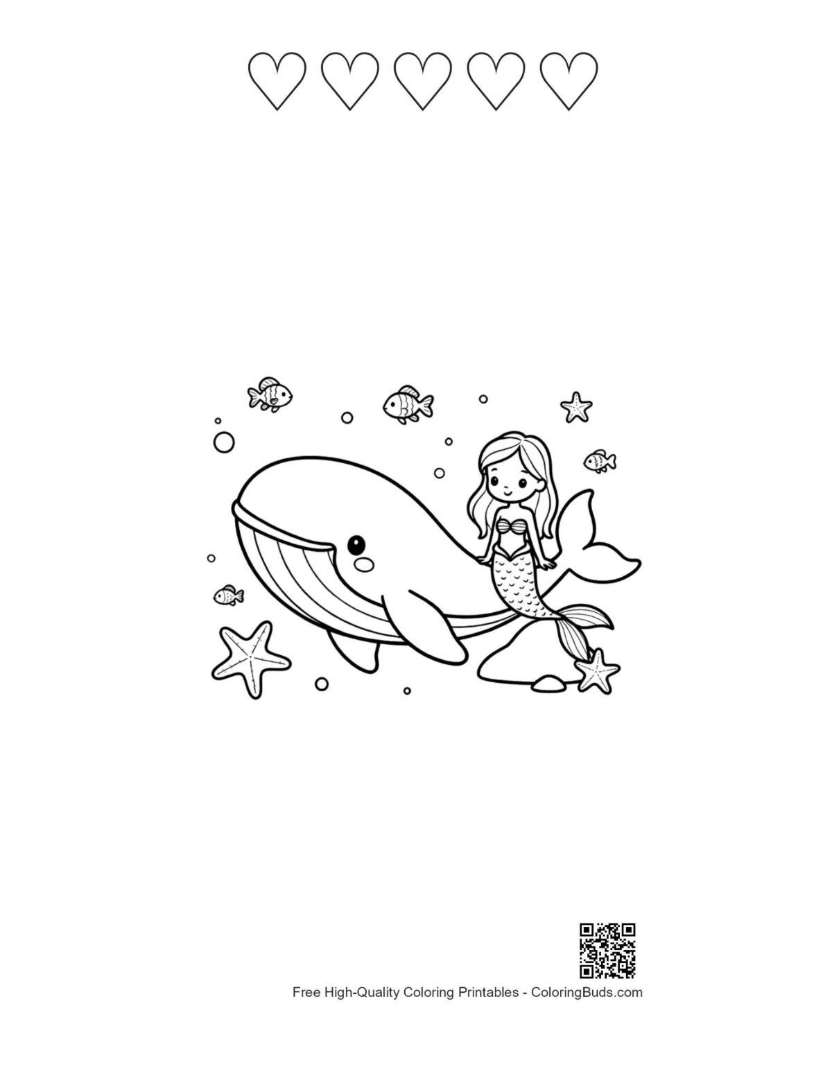 Blue whale coloring with 5 heart outlines