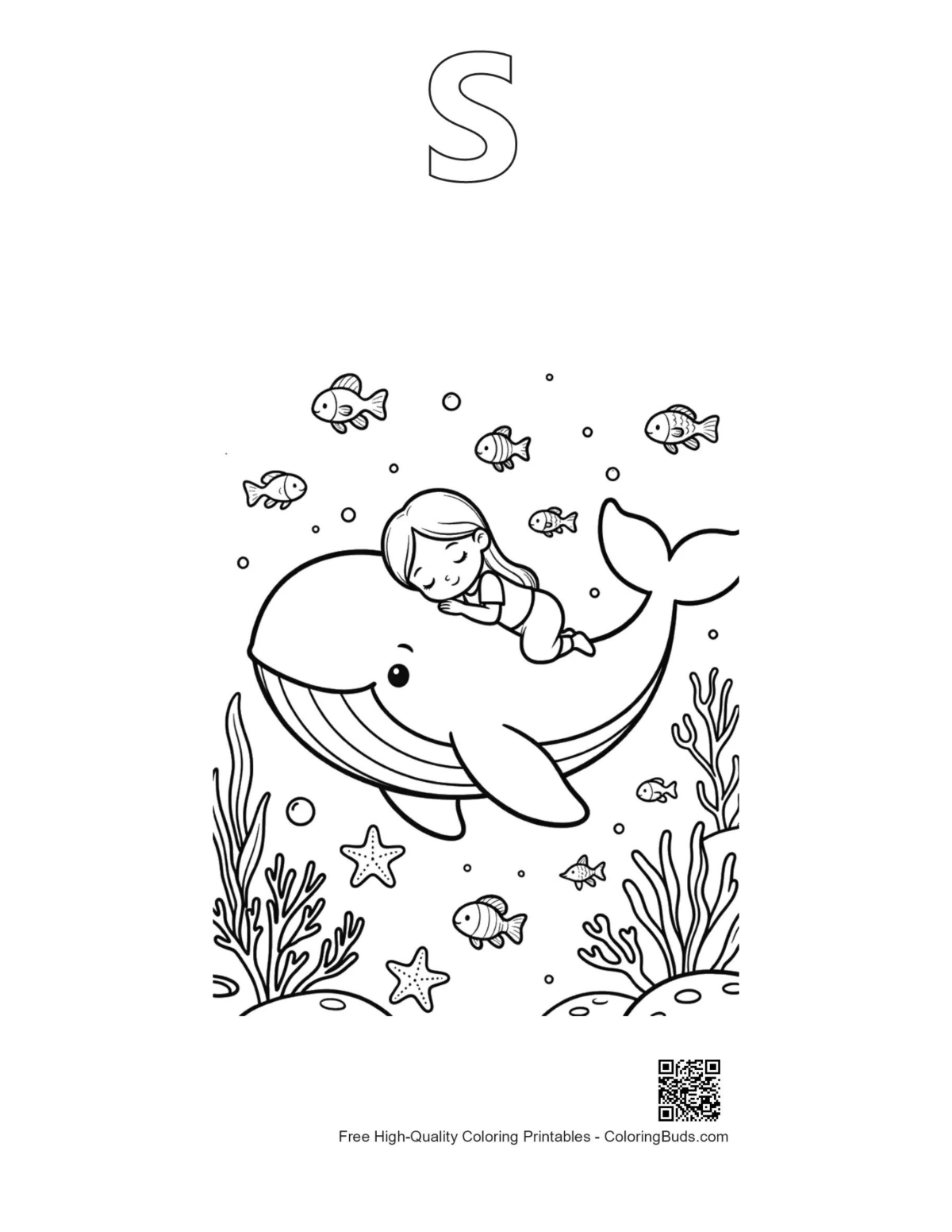 Blue whale coloring page alphabet S outline