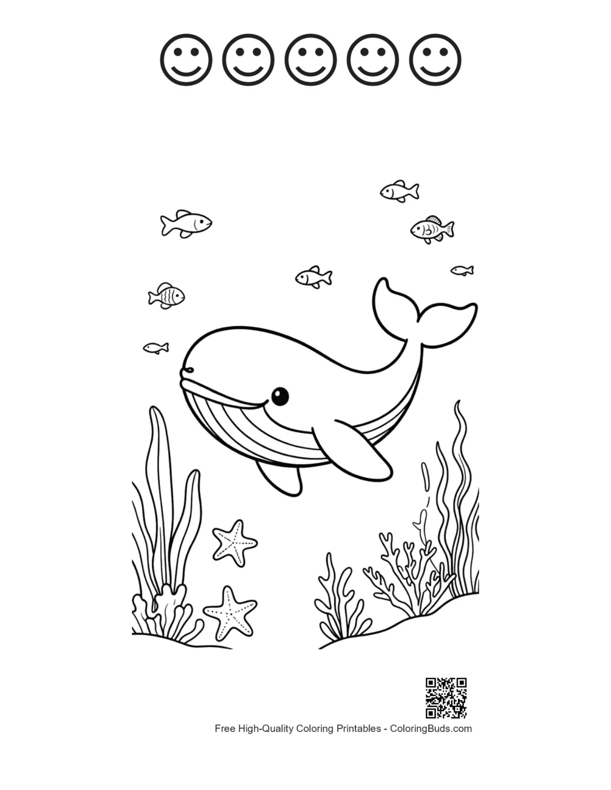 Blue whale diving 5 happy faces outline printable