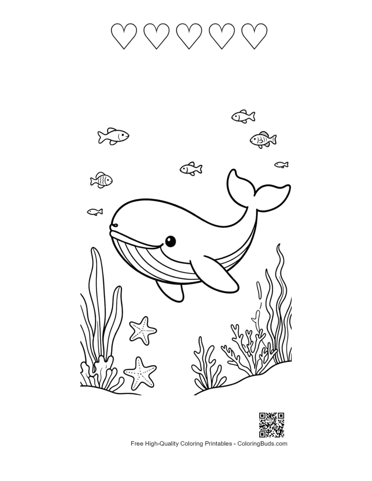 Blue whale diving with 5 heart outlines printable