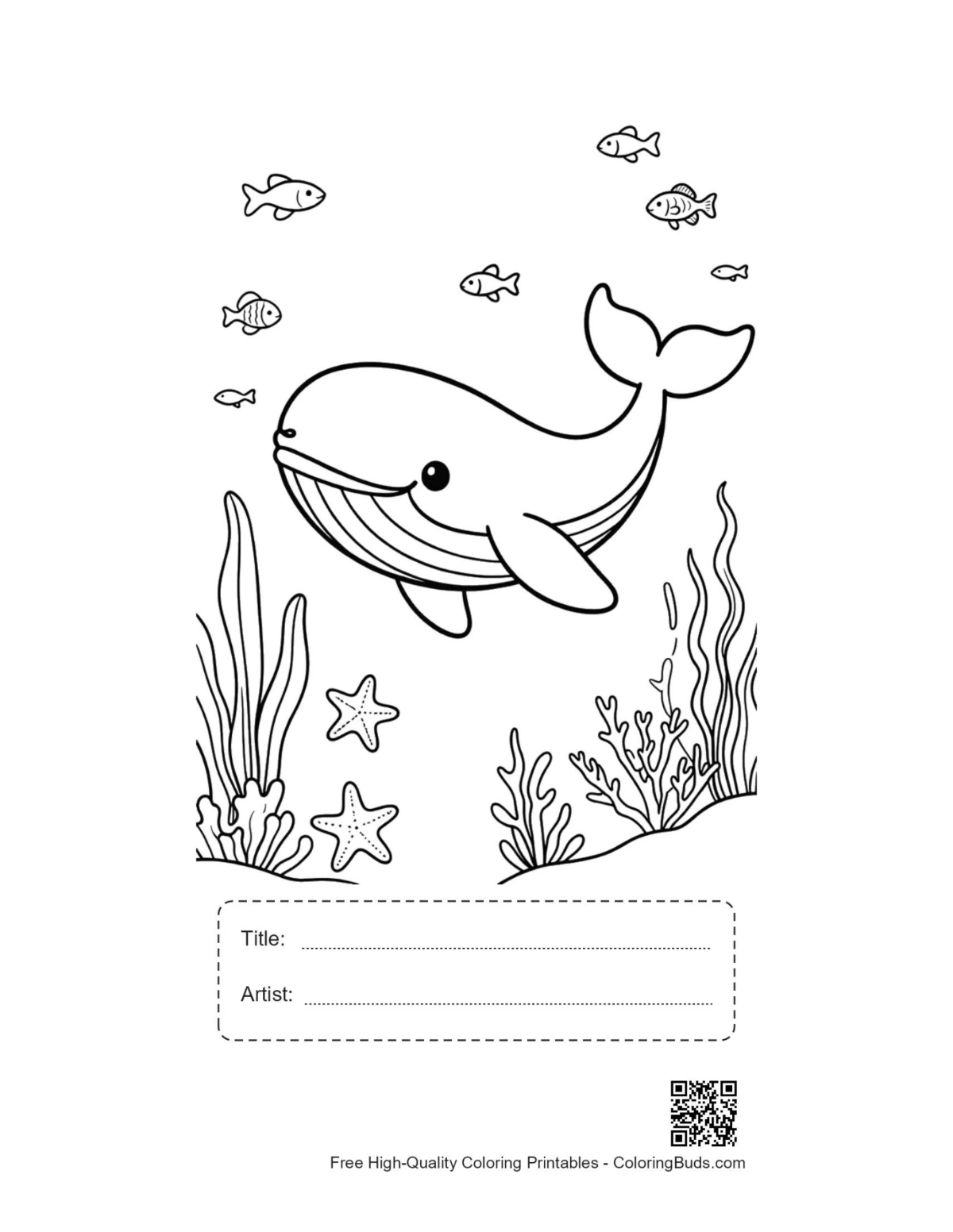 Blue whale diving printable with title artist box