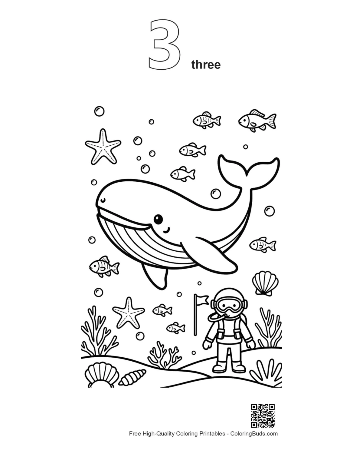 Blue whale diver outline number 3 printable