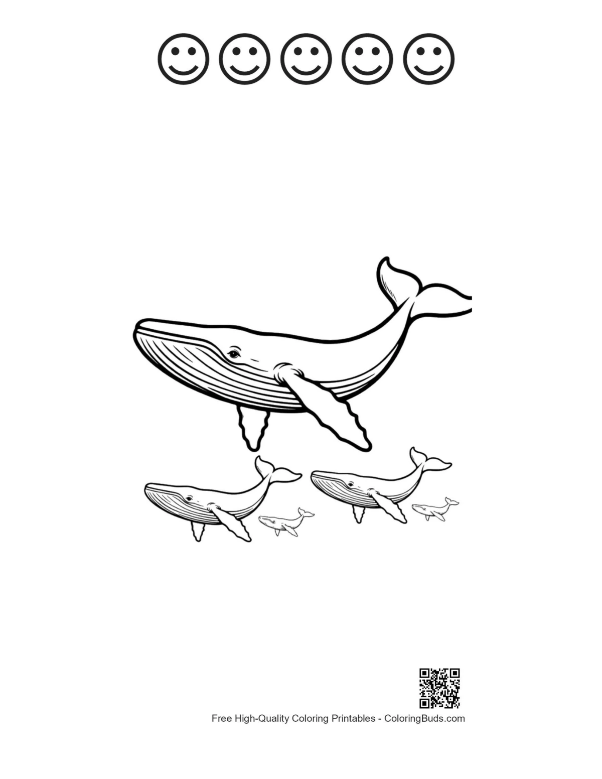 Printable blue whale with 5 happy faces