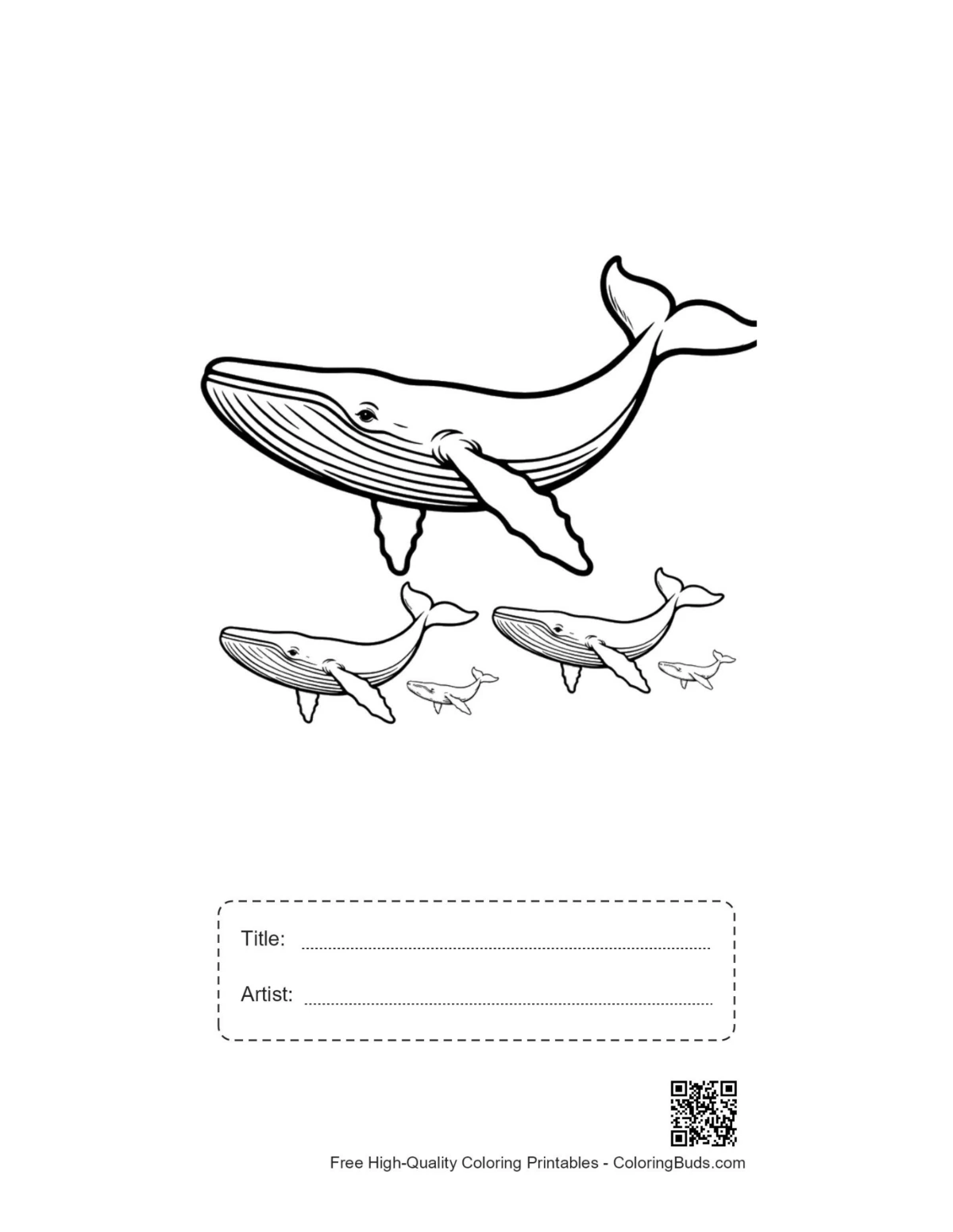 Printable blue whale family line art with title box