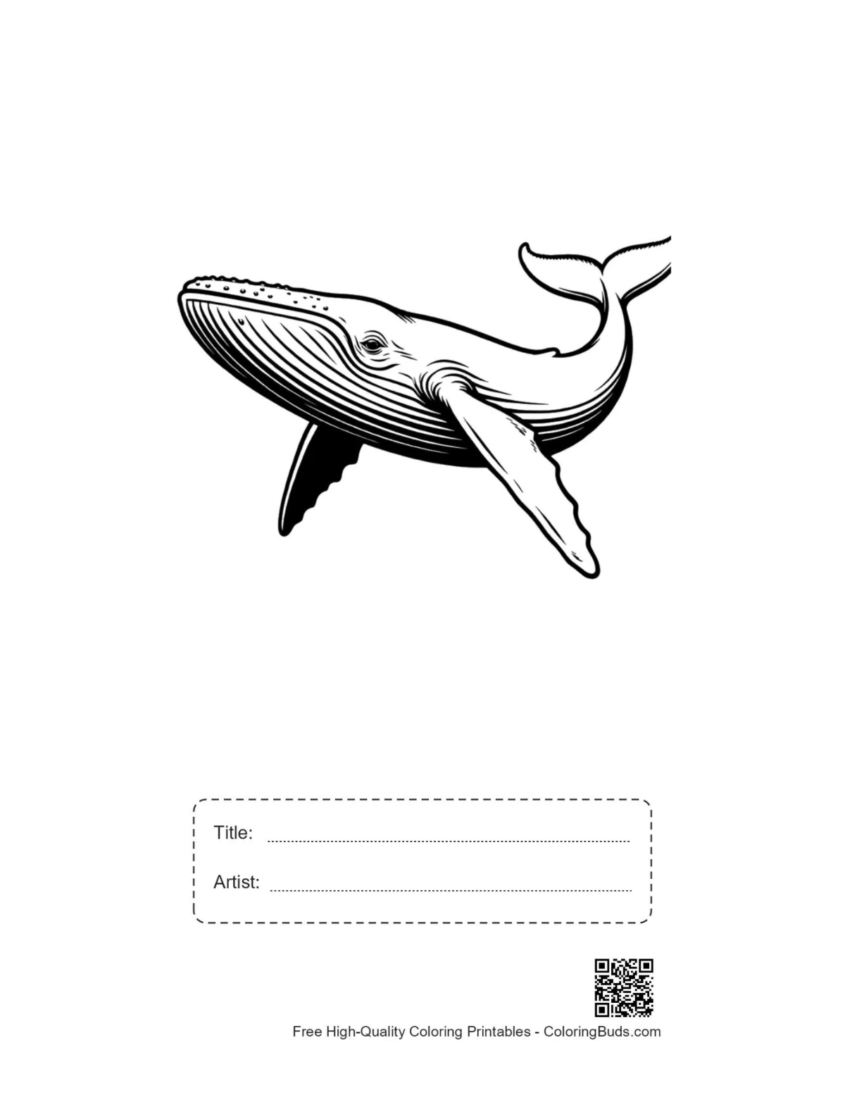 Blue whale line art printable with title box