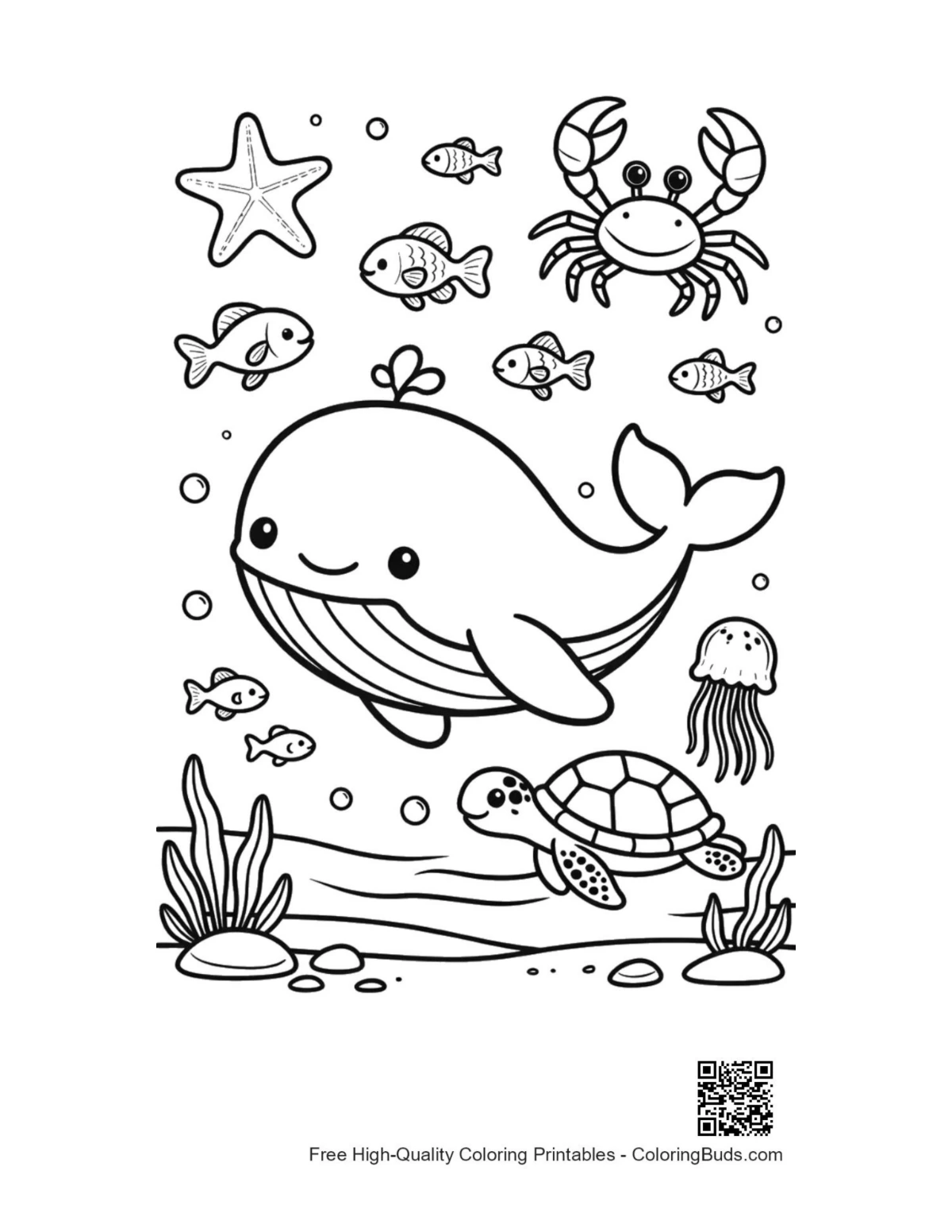 Blue whale printable coloring page outline