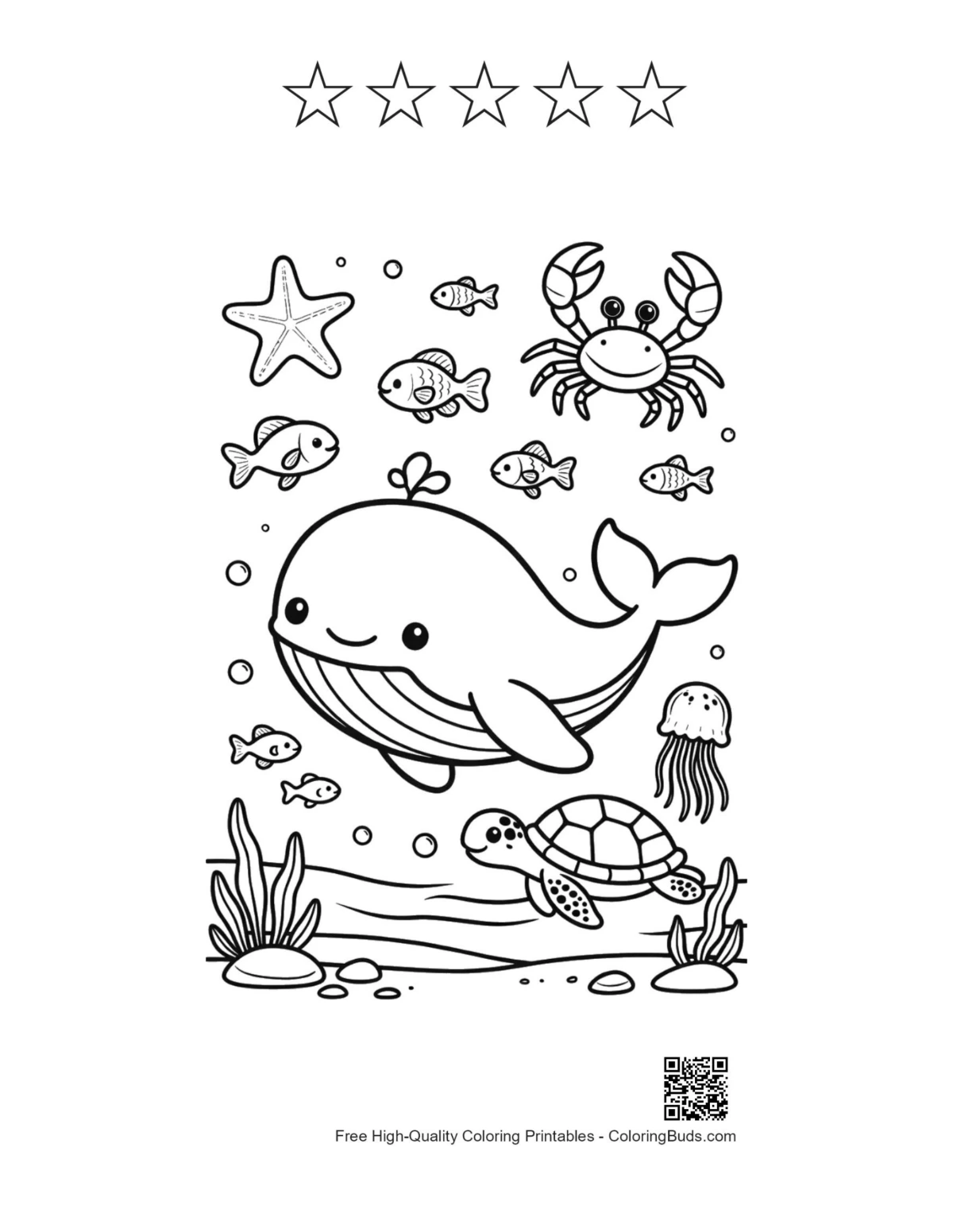 Blue whale printable with 5 star outlines