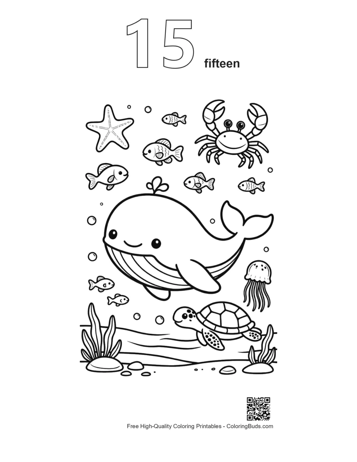 Blue whale printable outline with number 15