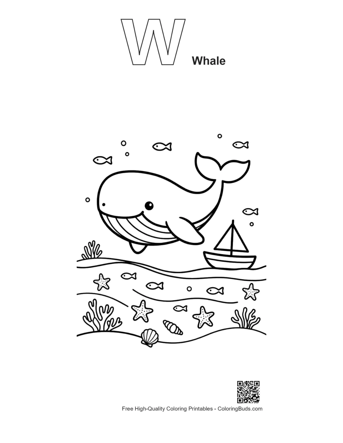 Blue whale printable with alphabet W outline