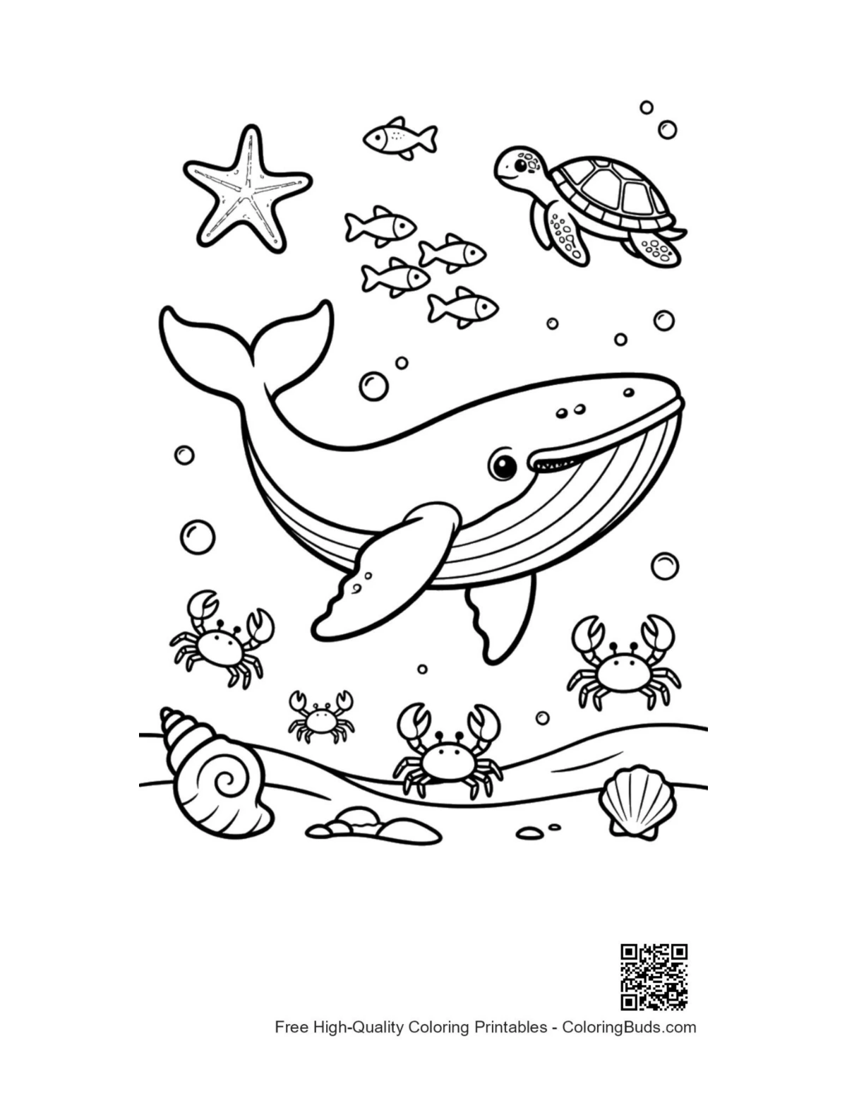 Printable blue whale under sea with coral fish coloring