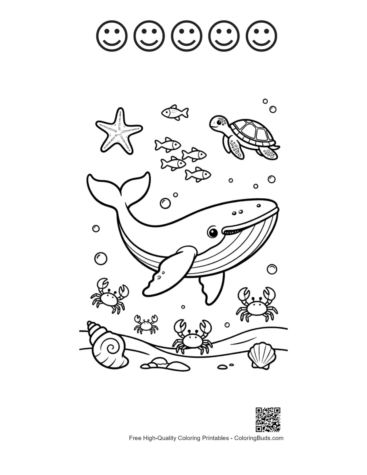 Blue whale 5 happy face outline printable underwater