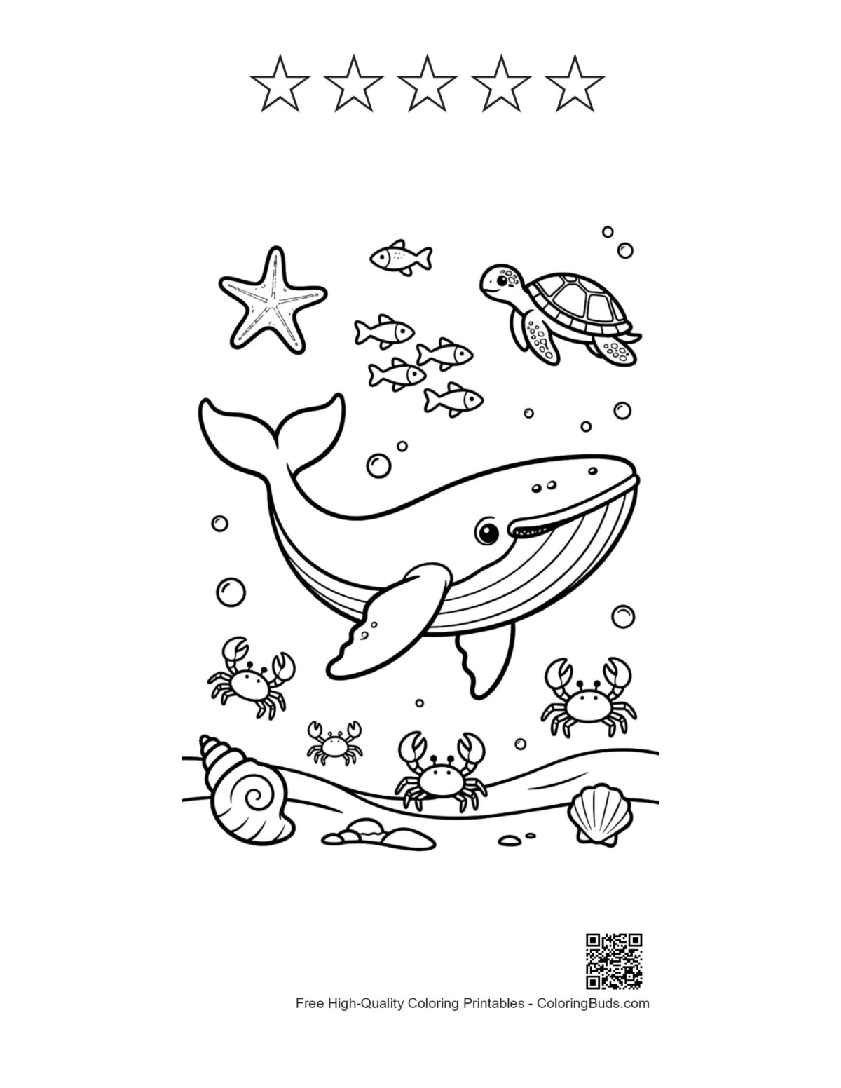 Blue whale printable 5 star outline sea coral