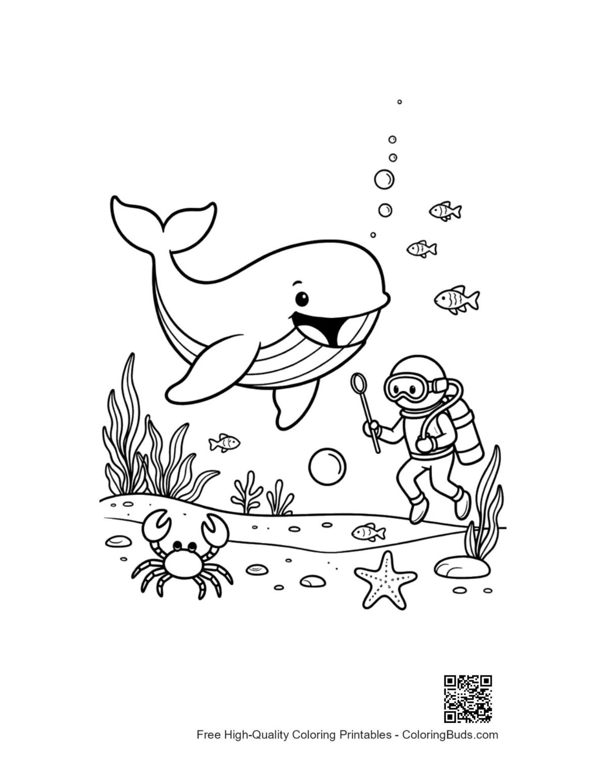 Curious blue whale watching diver printable coloring page