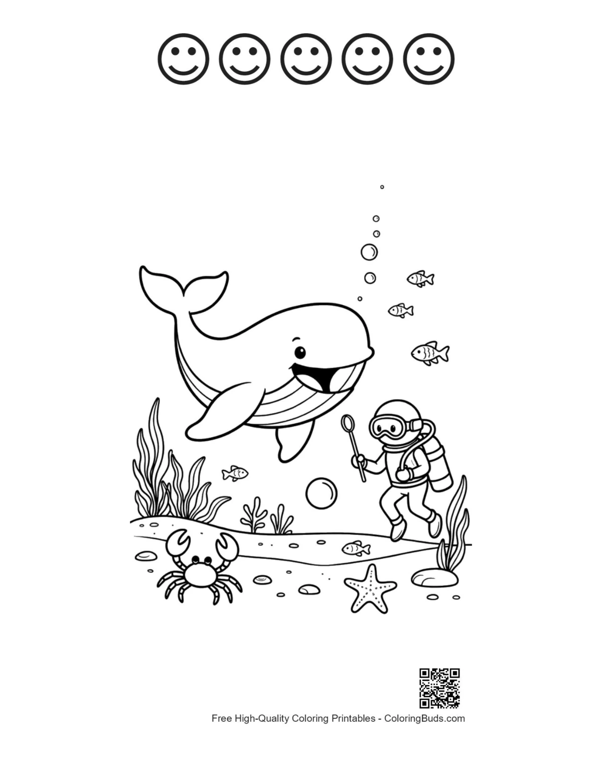 Whale watching diver with 5 happy faces outline printable