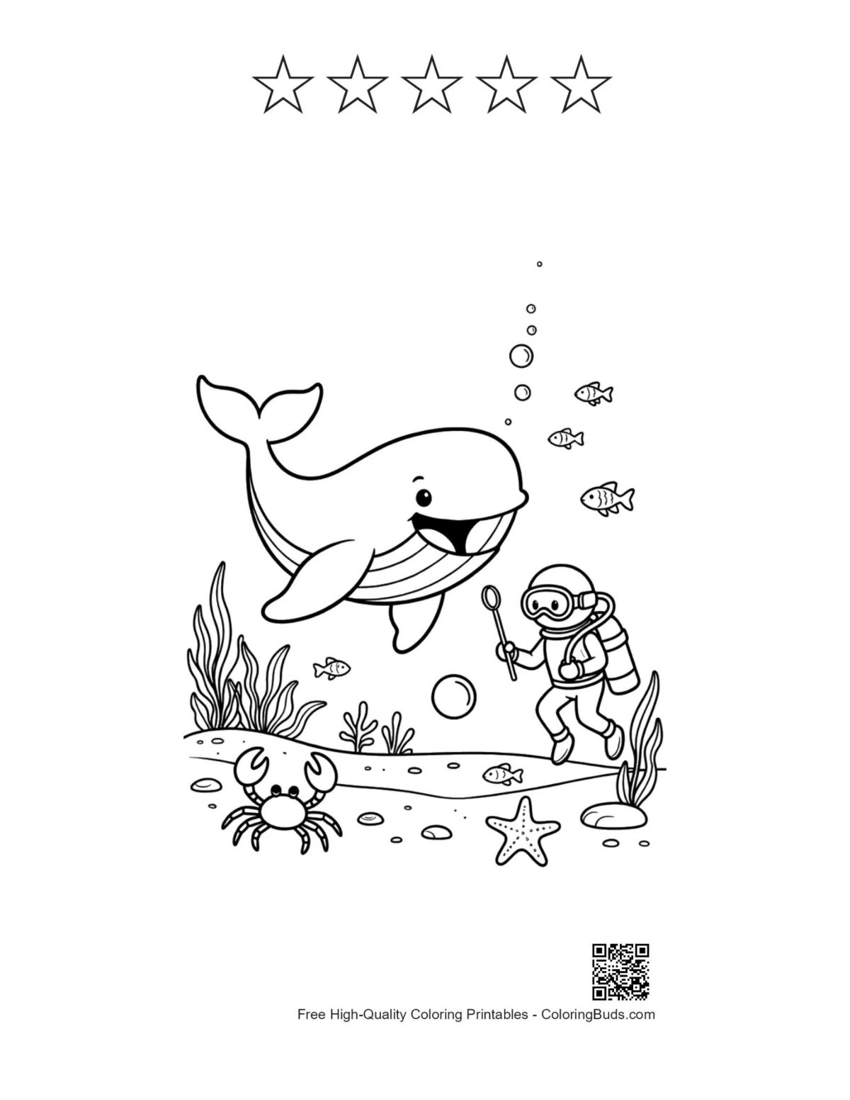 Blue whale diver printable with 5 star outlines