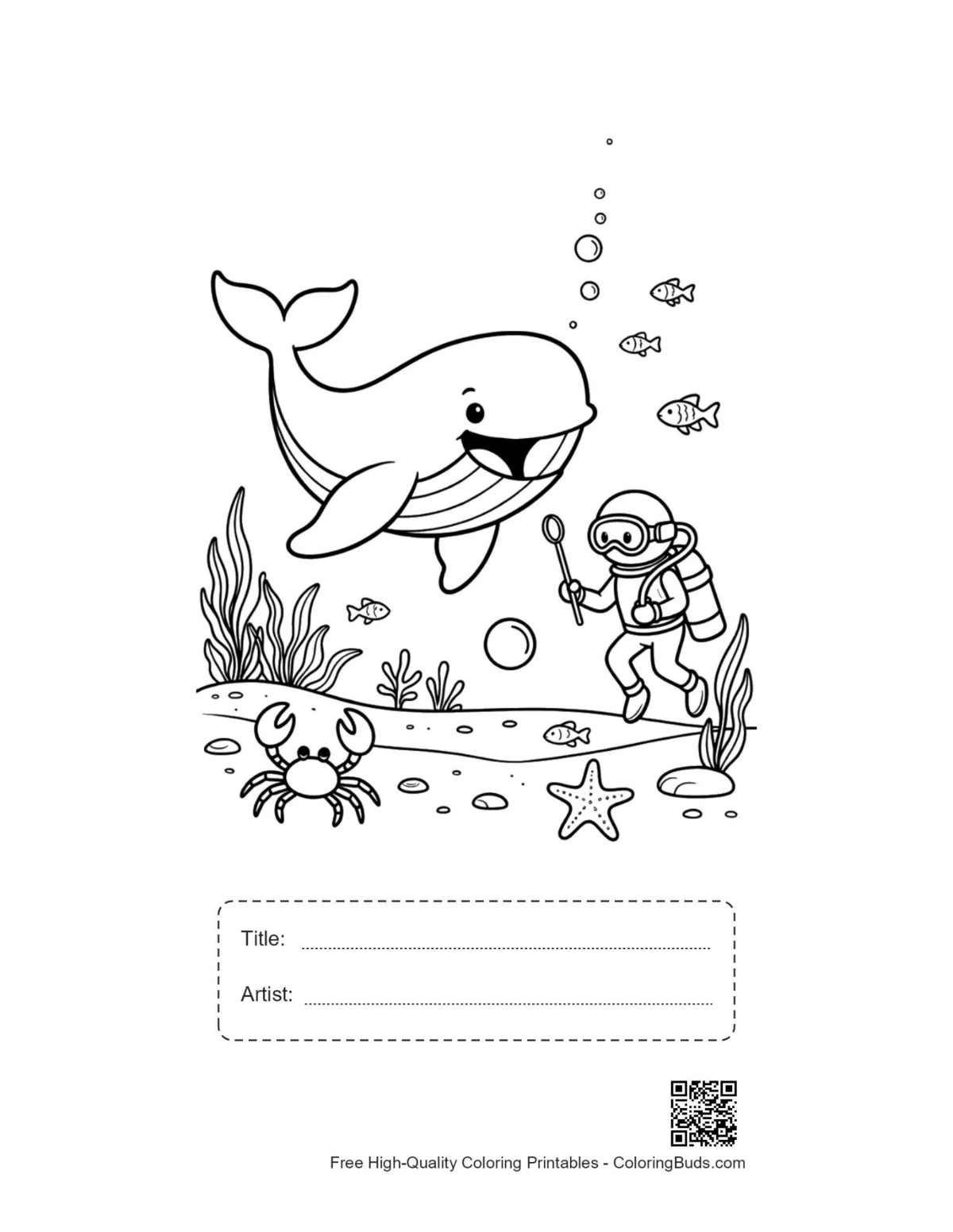 Blue whale diver printable with title artist box