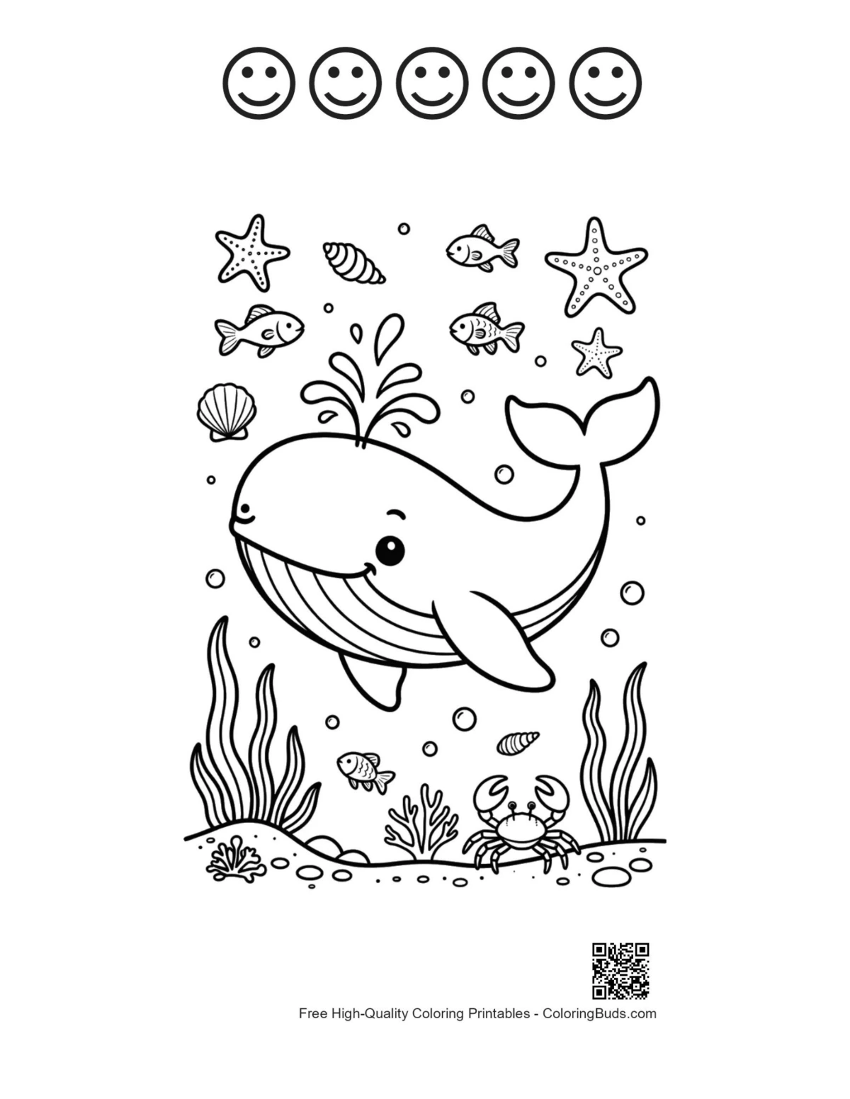 Cute blue whale with 5 happy faces outline