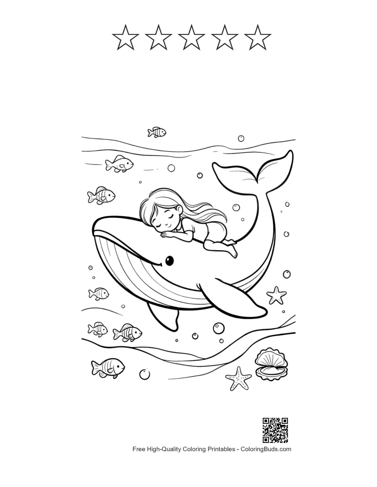 Cute blue whale with 5 star outlines printable sheet