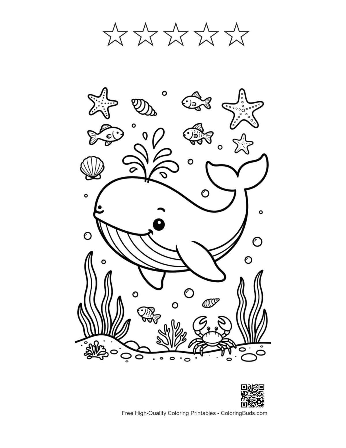 Cute blue whale with 5 stars outline printable