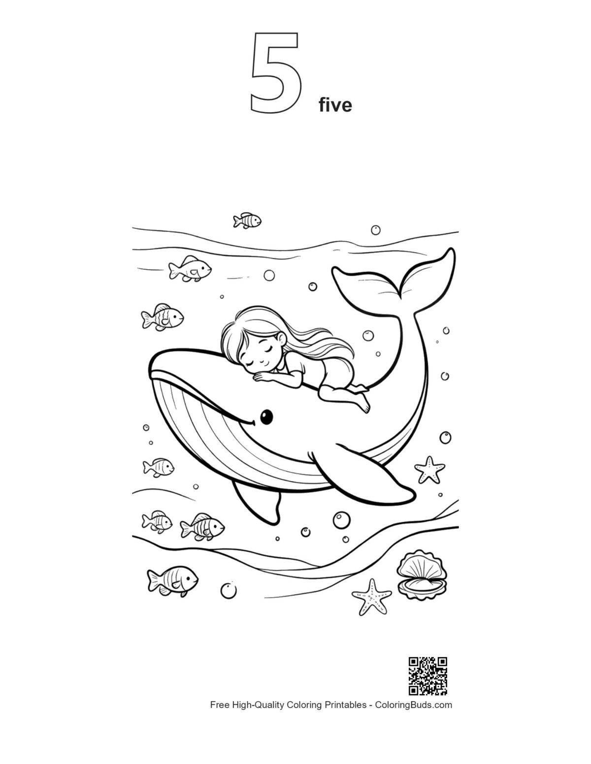 Cute blue whale outline with number 5 coloring page