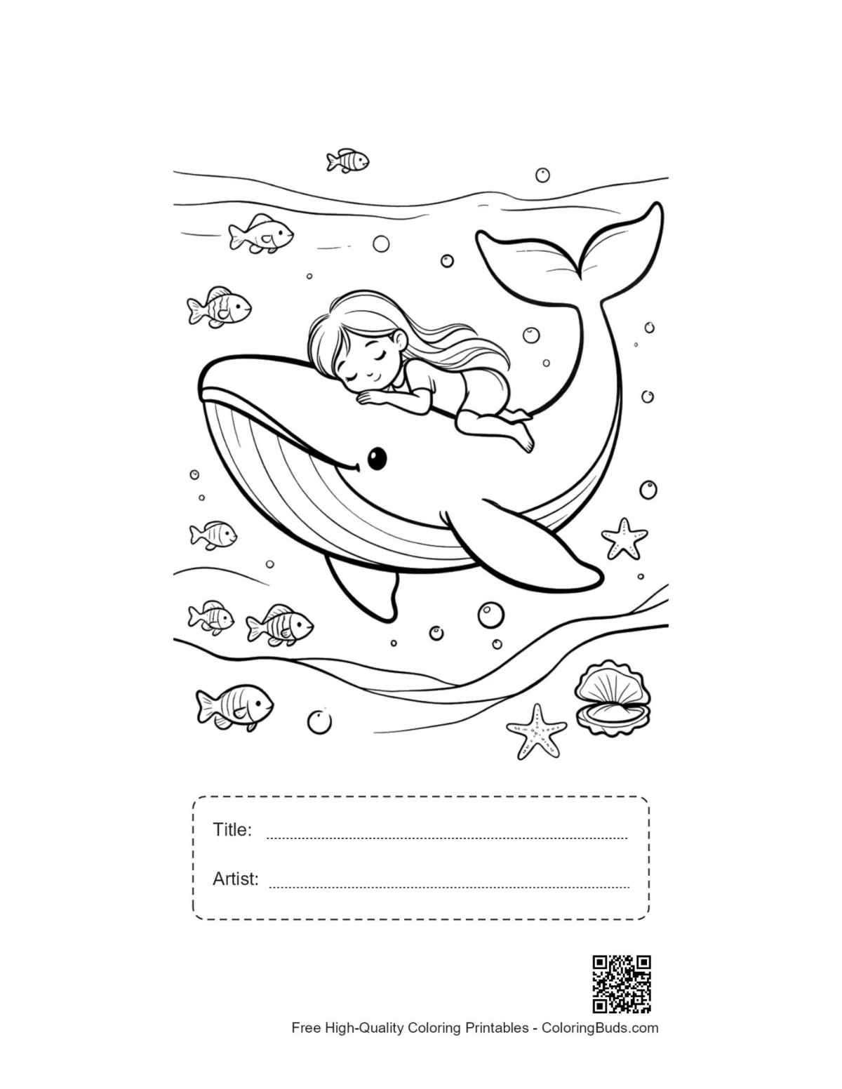 Cute blue whale printable with title and artist box