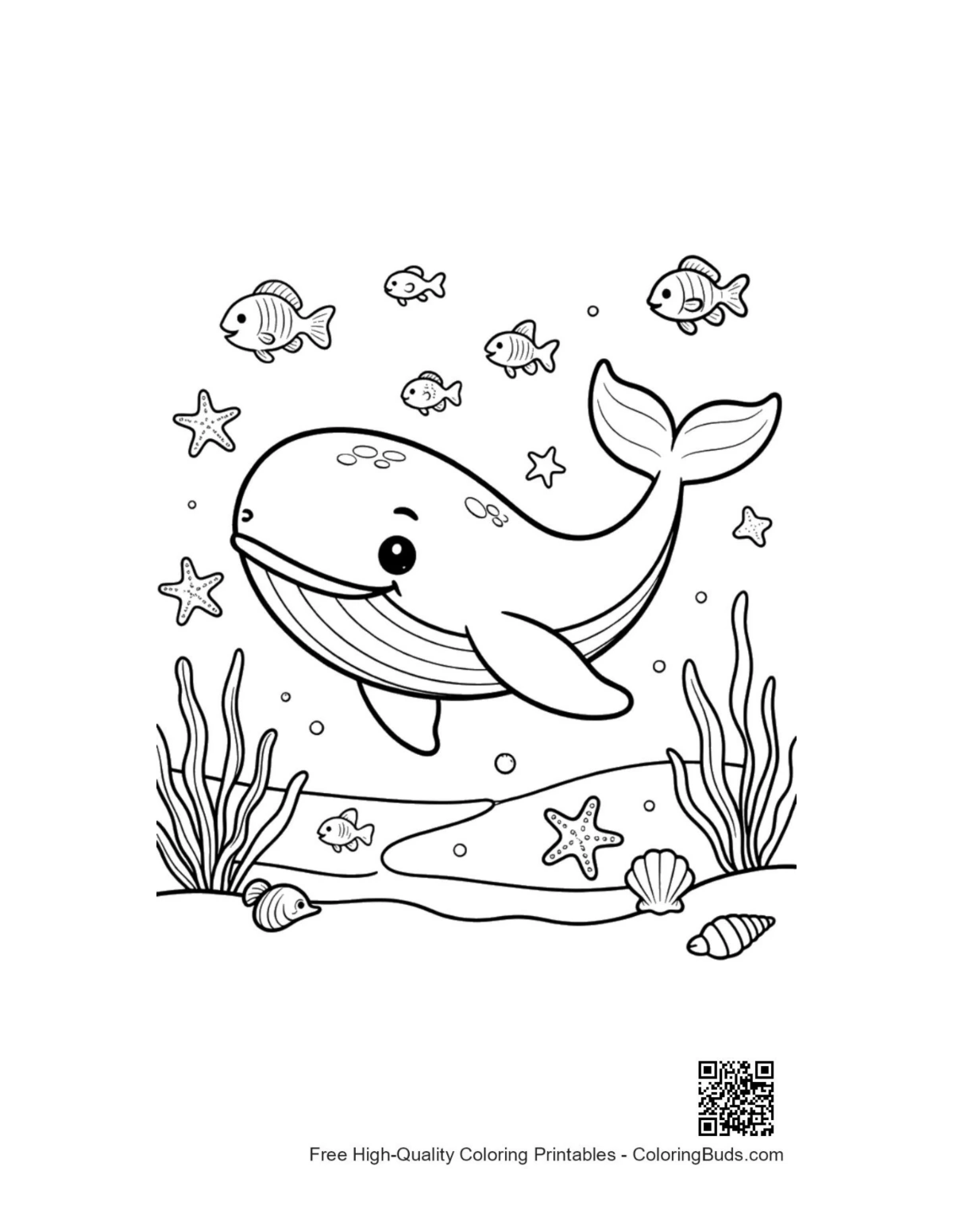 Cute smiling blue whale ocean bubbles coloring printable