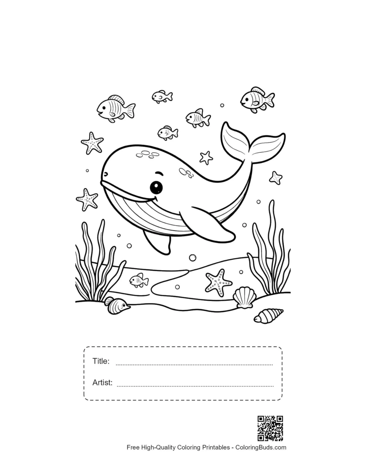 Cute blue whale printable with title artist box