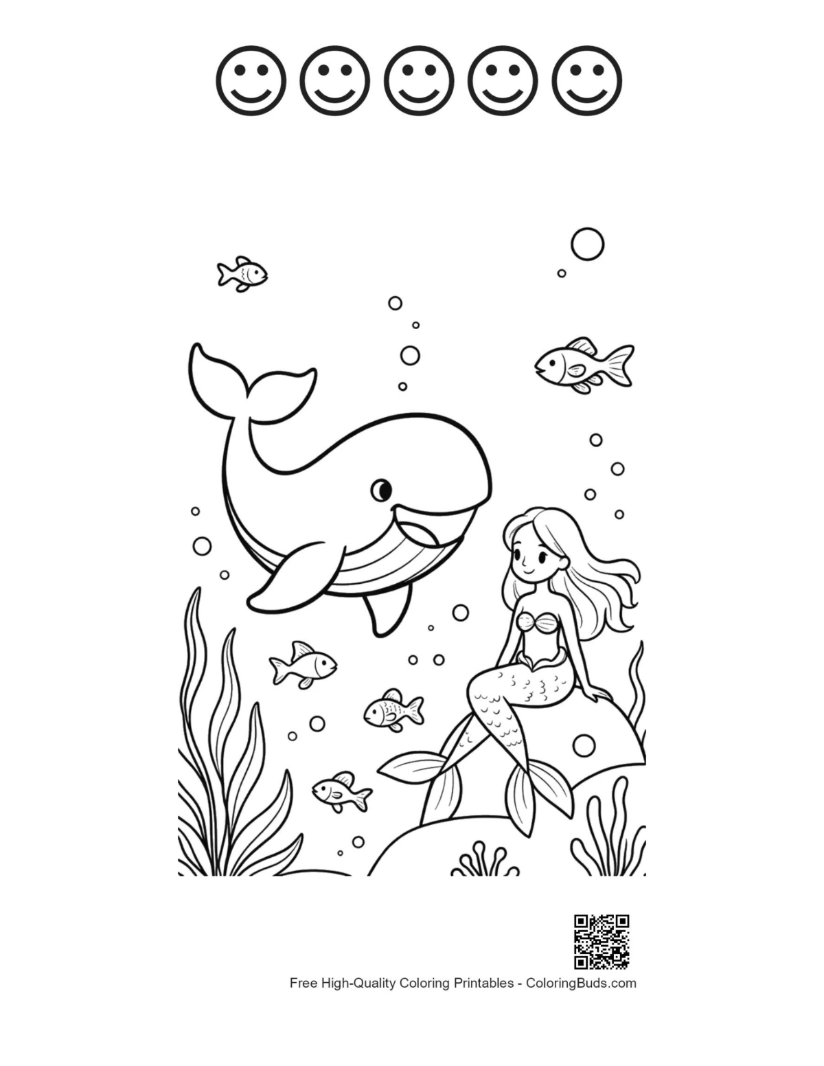 Blue whale coloring with 5 happy faces