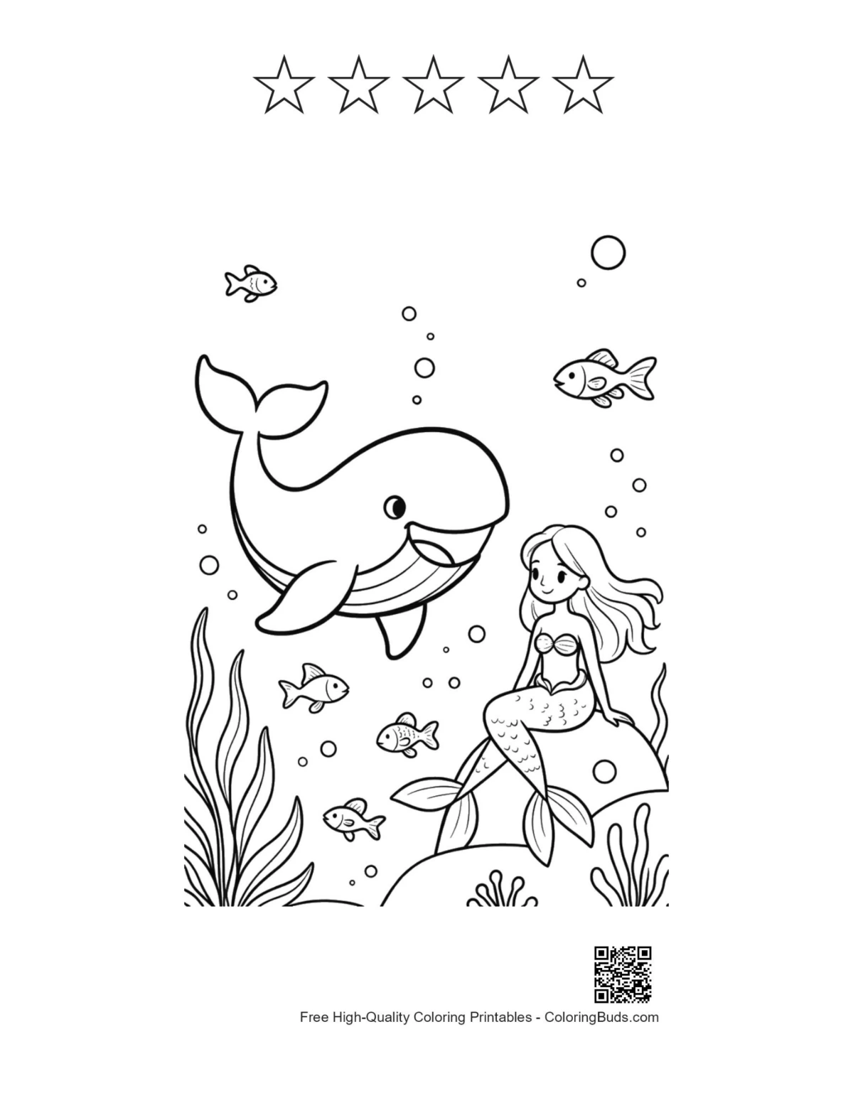 Blue whale printable with 5 star outlines