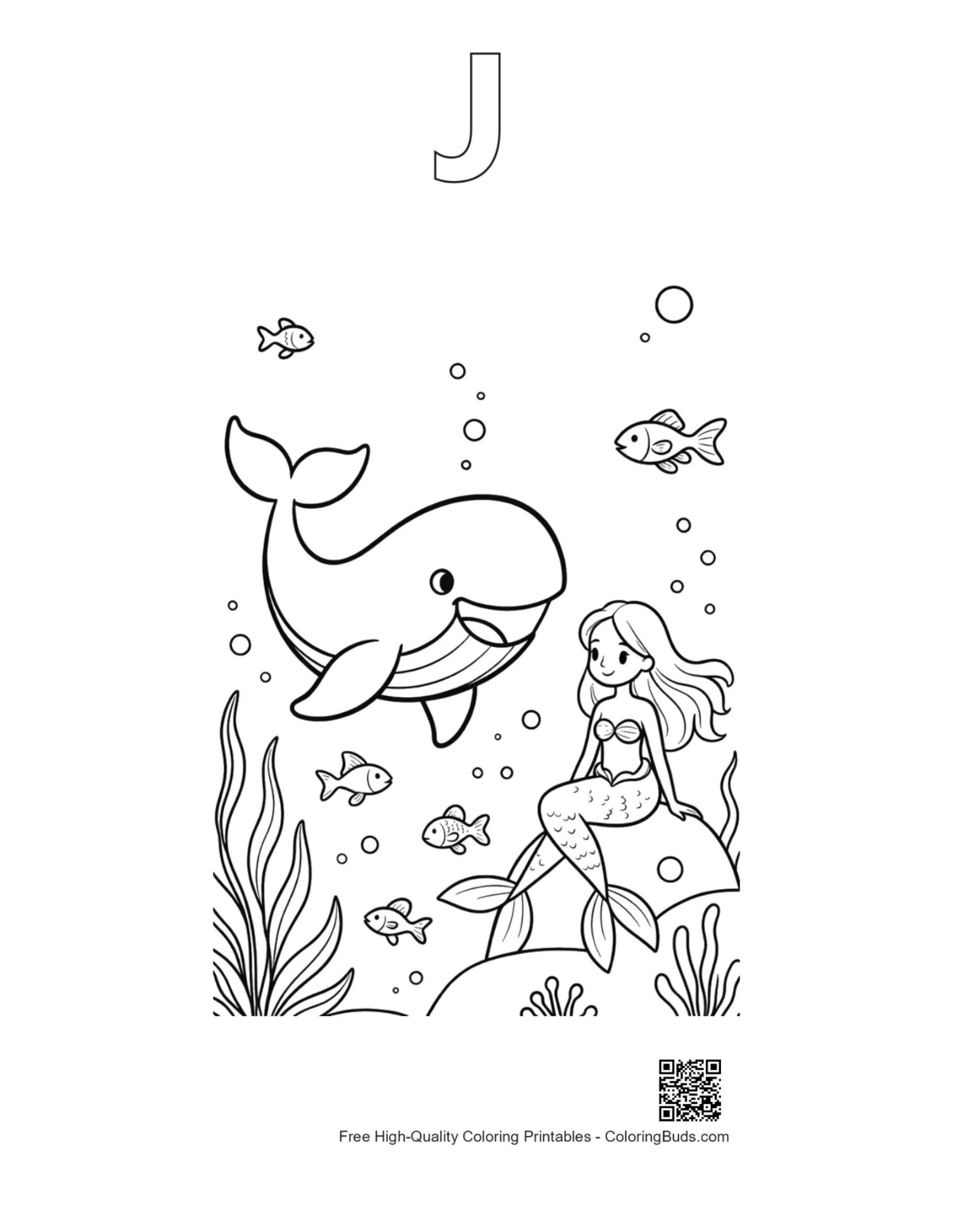 Blue whale coloring page alphabet J outline