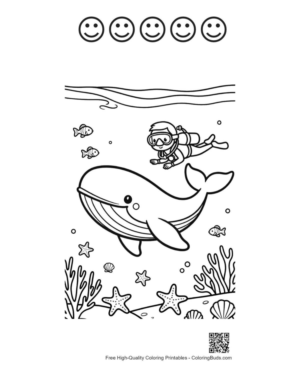 Blue whale 5 happy faces outline sheet