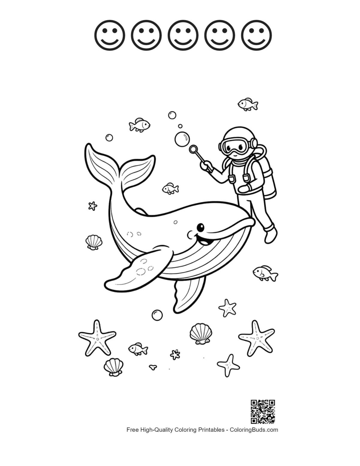 Blue whale 5 happy faces outline sheet