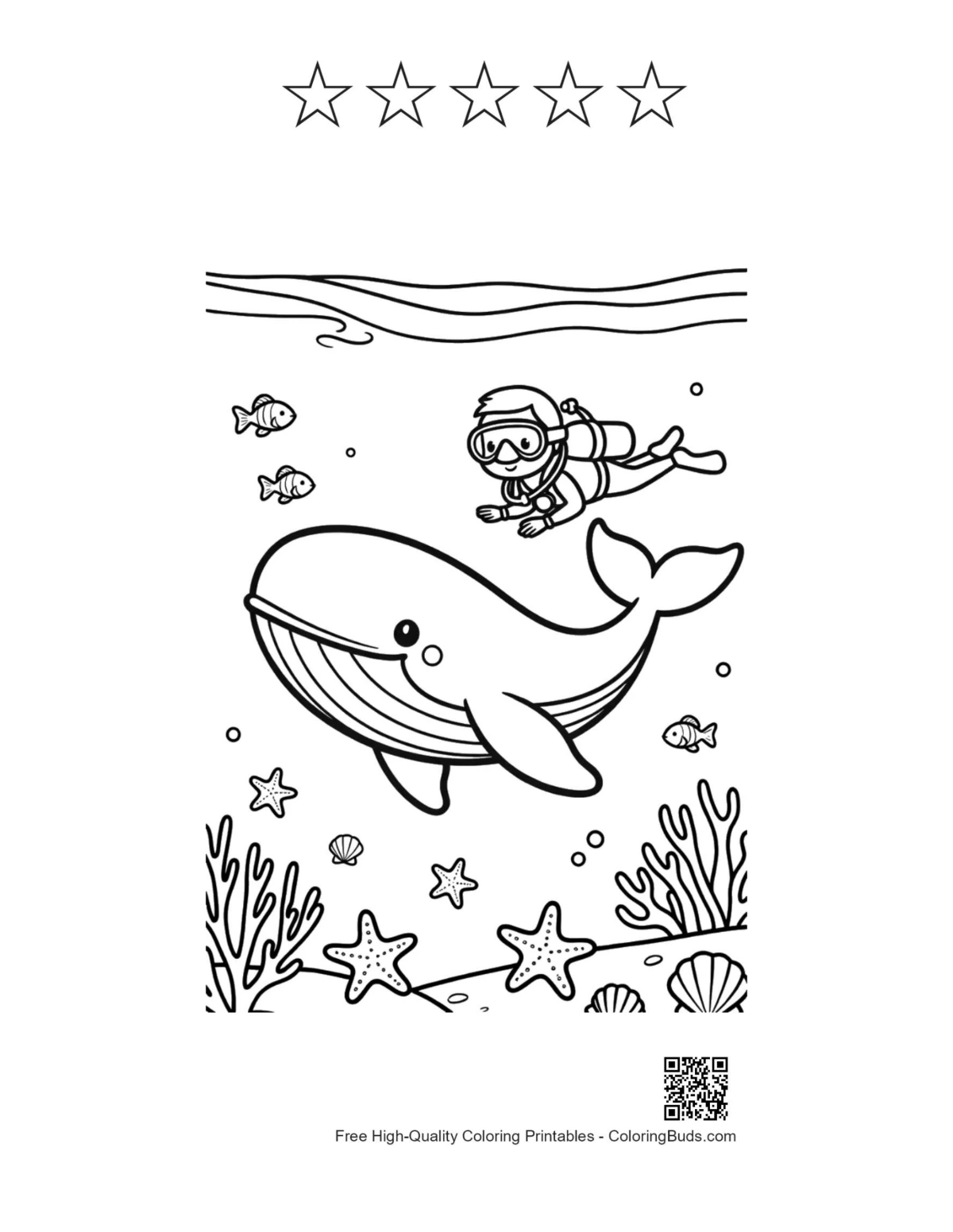 Blue whale with 5 stars outline printable