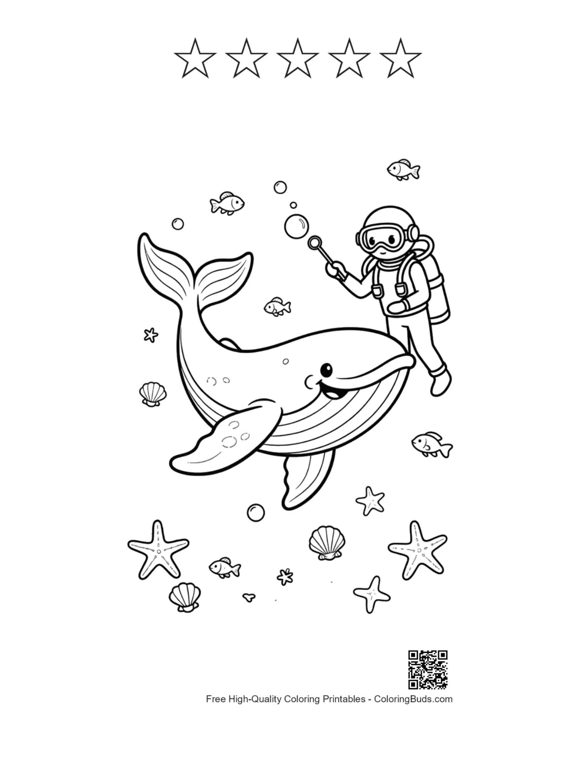 Blue whale with 5 stars outline printable