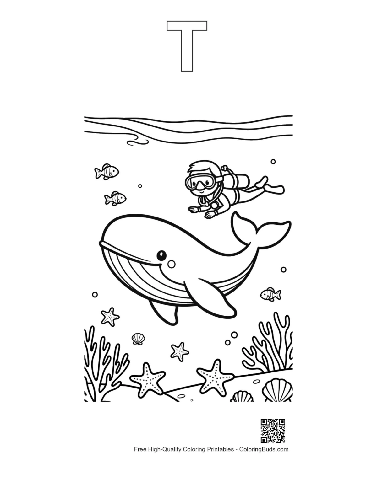 Blue whale alphabet T outline printable
