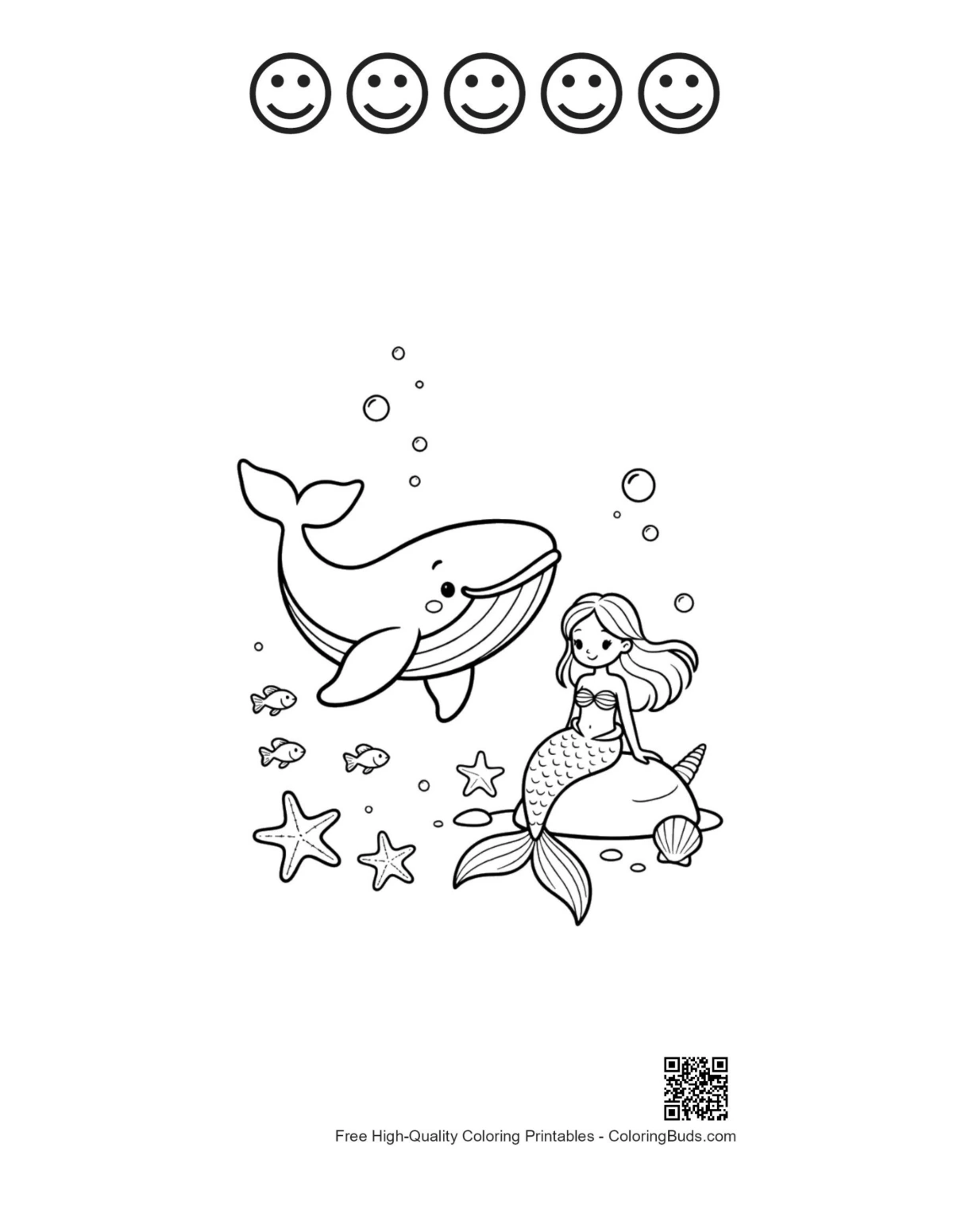 Printable blue whale with 5 happy faces outline