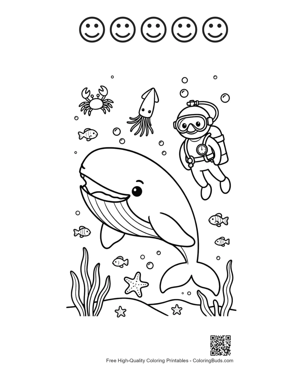 Blue whale with happy faces outline printable