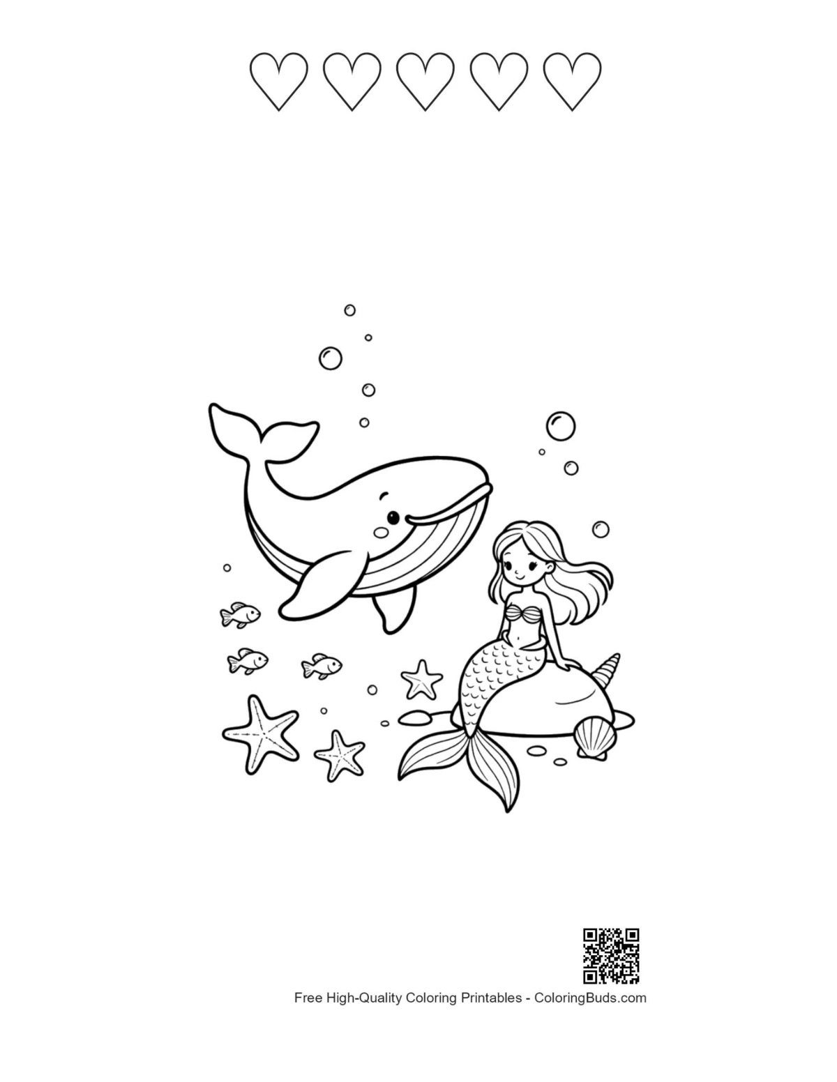 Blue whale printable with 5 heart outlines