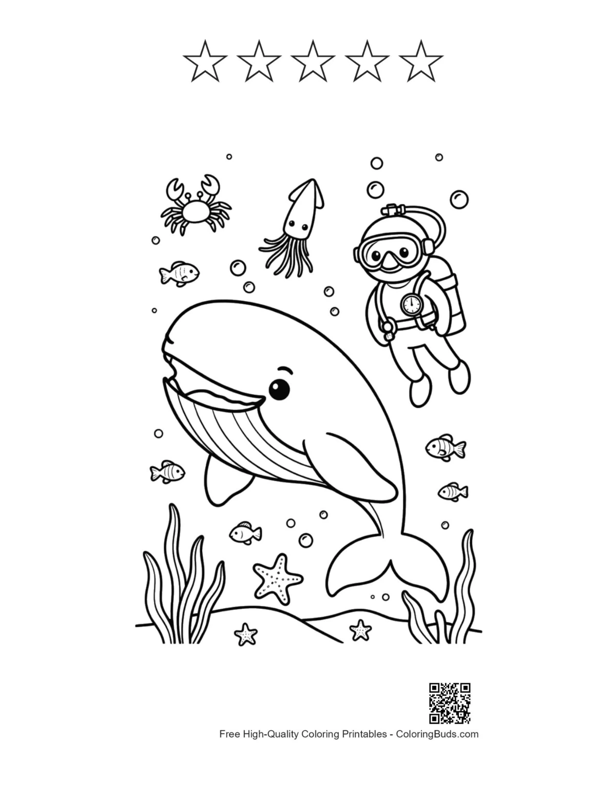Blue whale coloring with star outlines printable