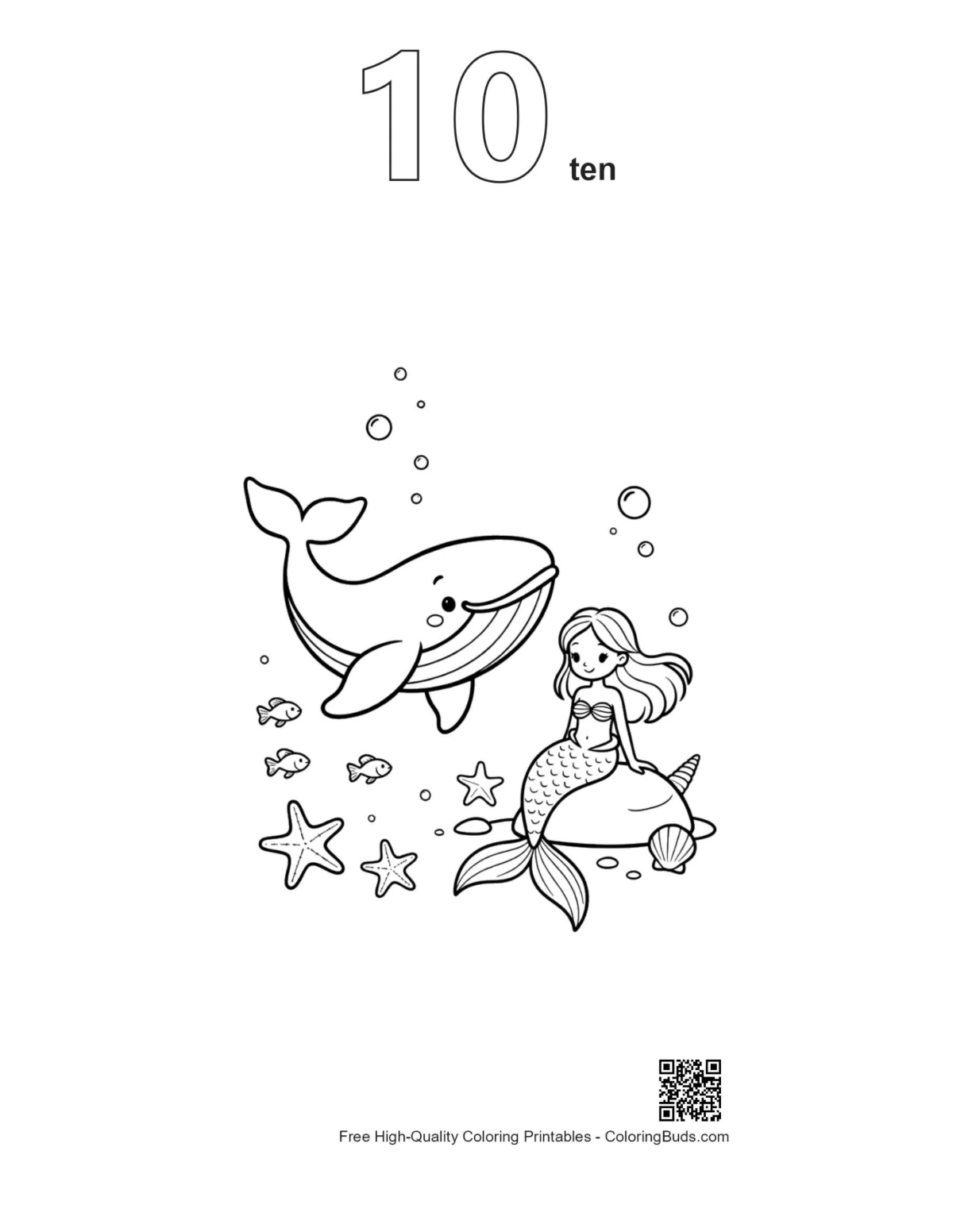 Blue whale coloring sheet with number 10 outline