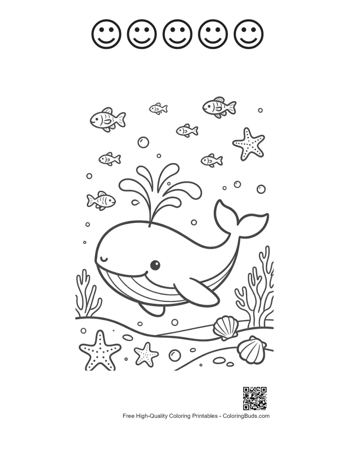 Blue whale and happy faces printable outline