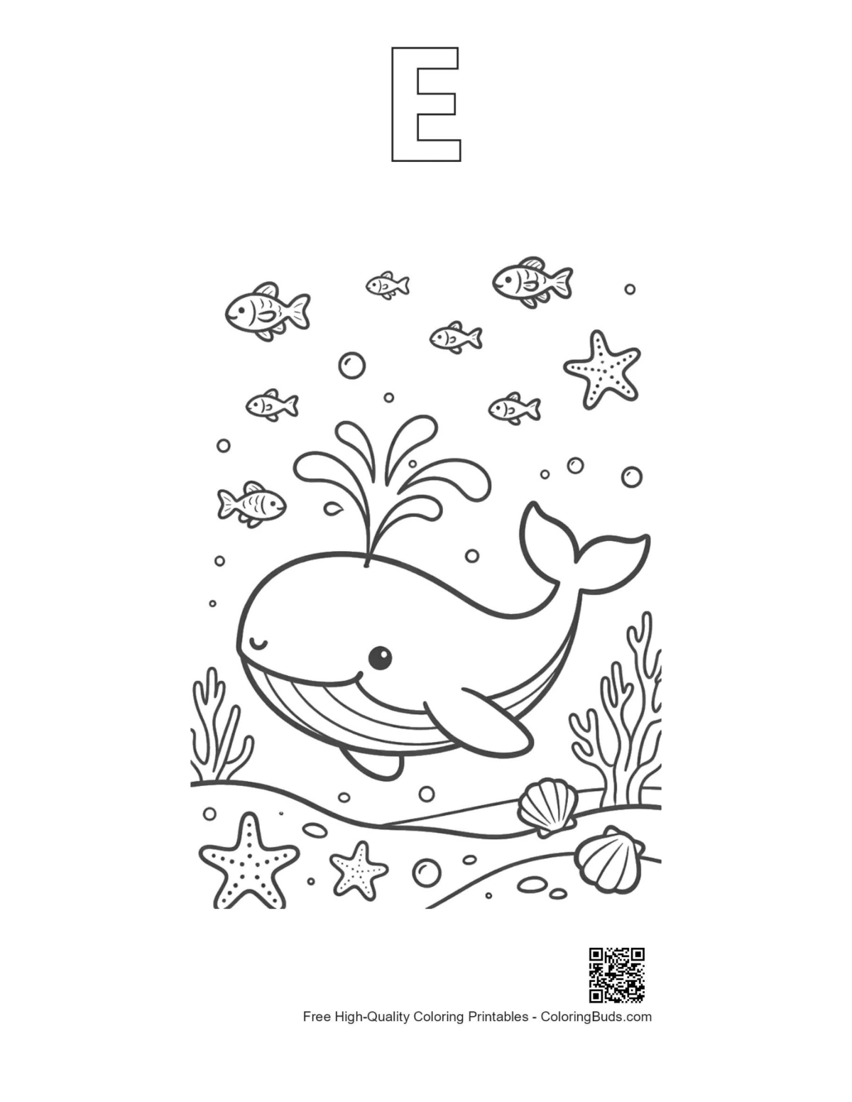 Blue whale outline with alphabet E printable
