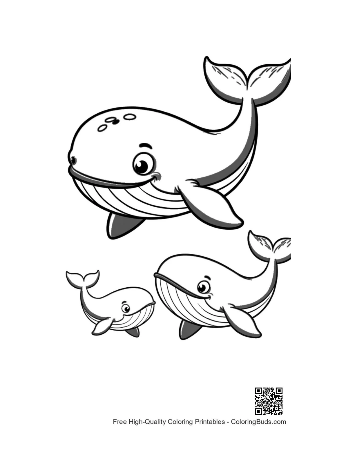 Happy blue whale family printable coloring page