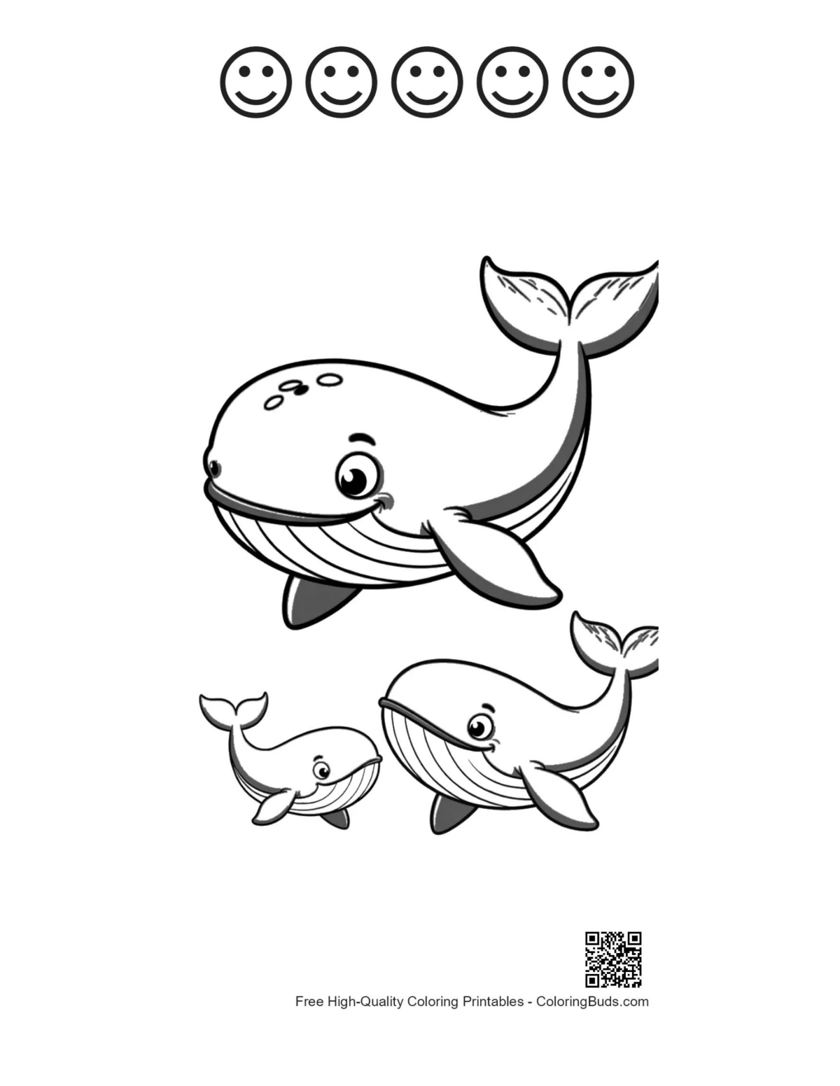 Happy blue whale family with 5 happy face outlines