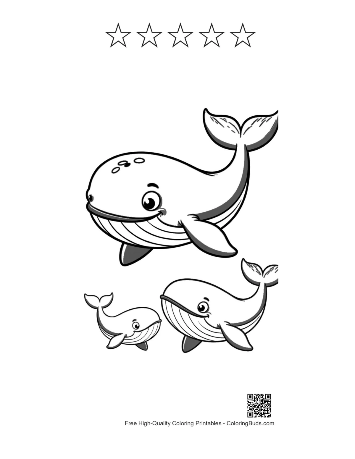 Blue whale family printable with 5 star outlines