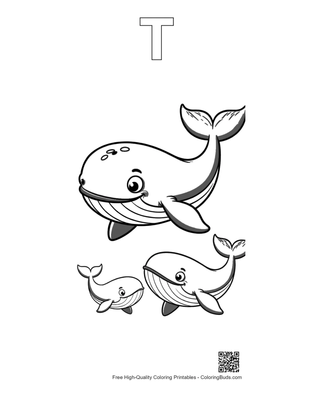 Happy blue whale family outline with alphabet T