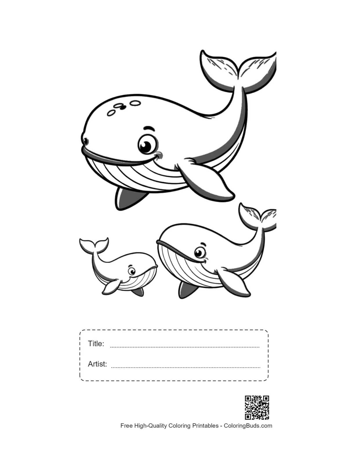 Blue whale family printable with title and artist box